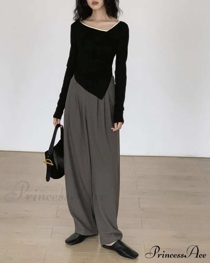 Contrast Trim Long Trendy Sleeve Asymmetrical Top