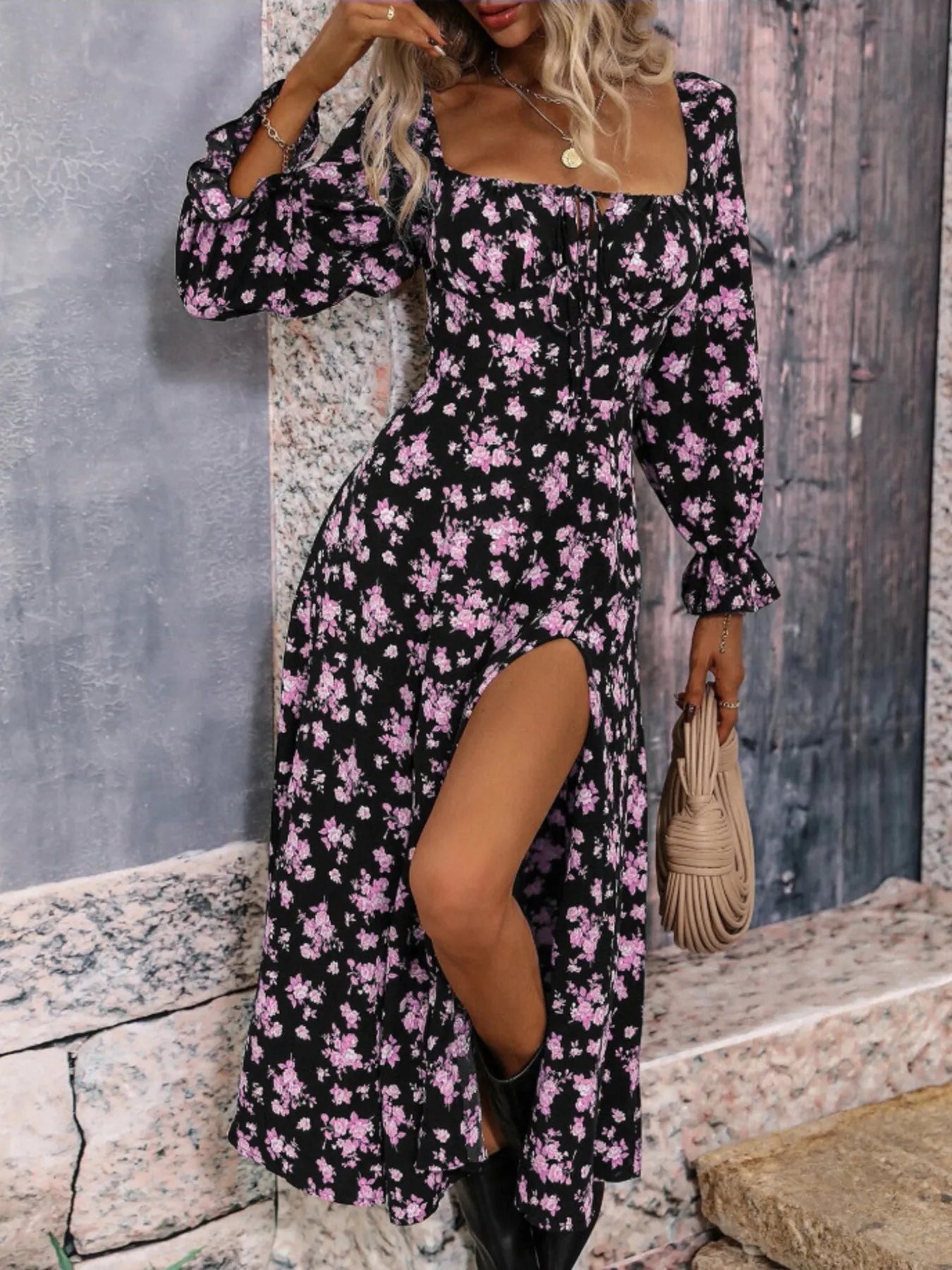 Grazia® | Elegant Square Neck Dress With Ruffle Sleeves And Floral Print