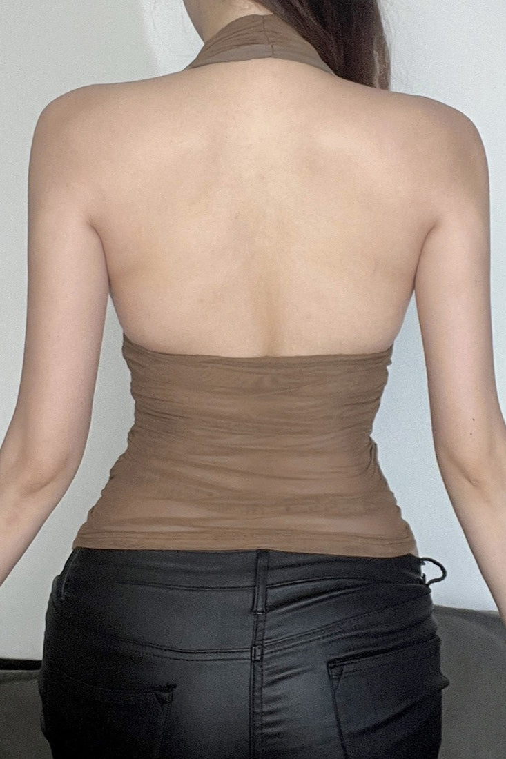 Sexy V Neck Halter Mesh Ruched Tank Top