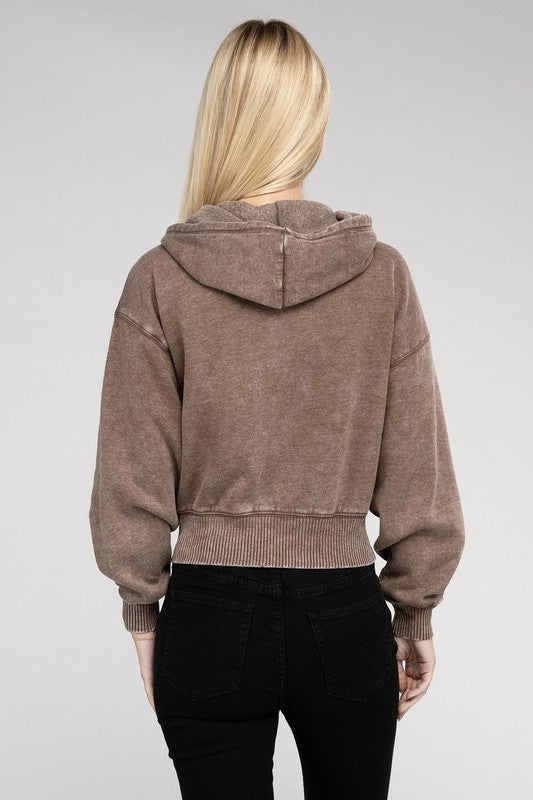 Fabiana | Cropped acid wash fleece zip-up hoodie