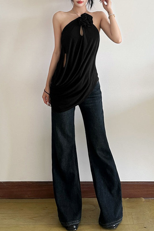 Solid Loose Flowy Halter Backless Blouse