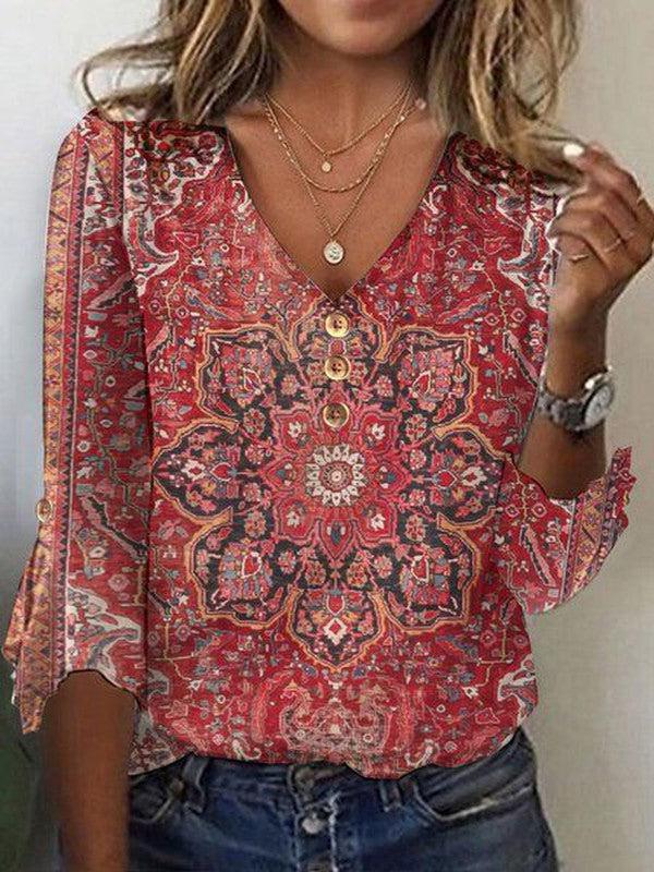 Angela® | Top rouge à Manches 3/4 and décolleté en V