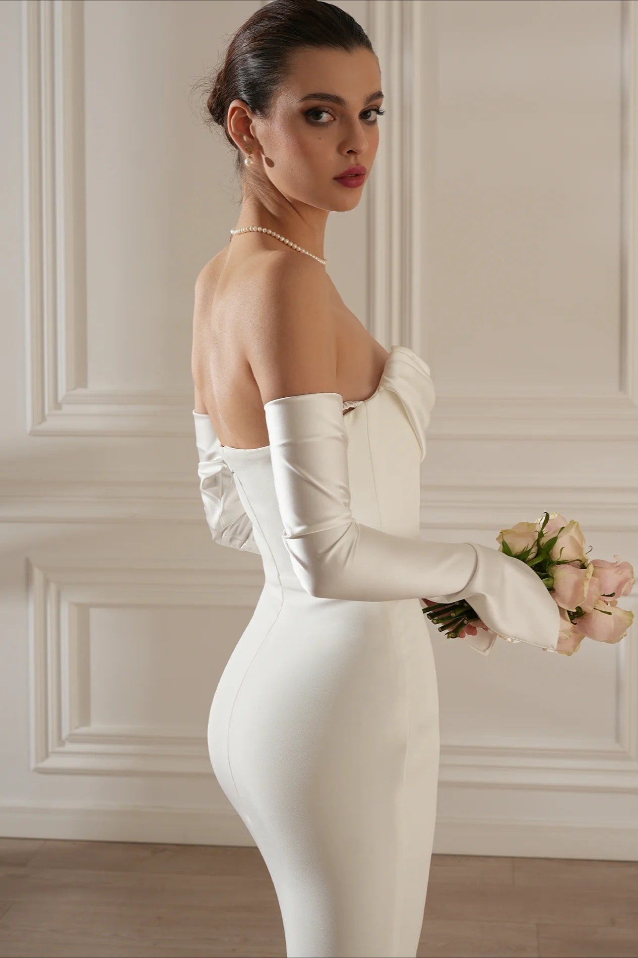 Minimalist Elegant Ruched Satin Mermaid Reception Dress