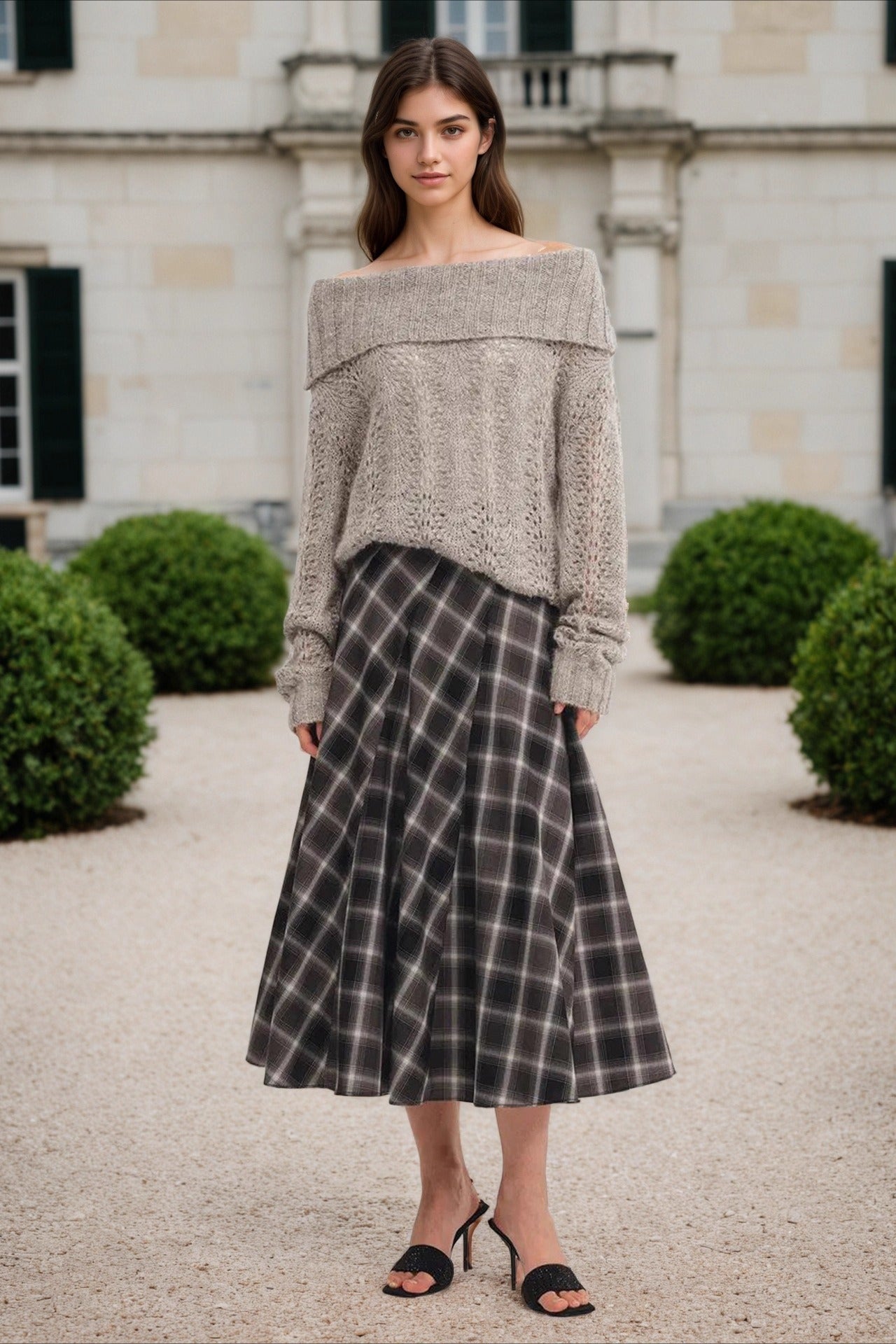 Wool Plaid Waist Defined A-Line Skirt