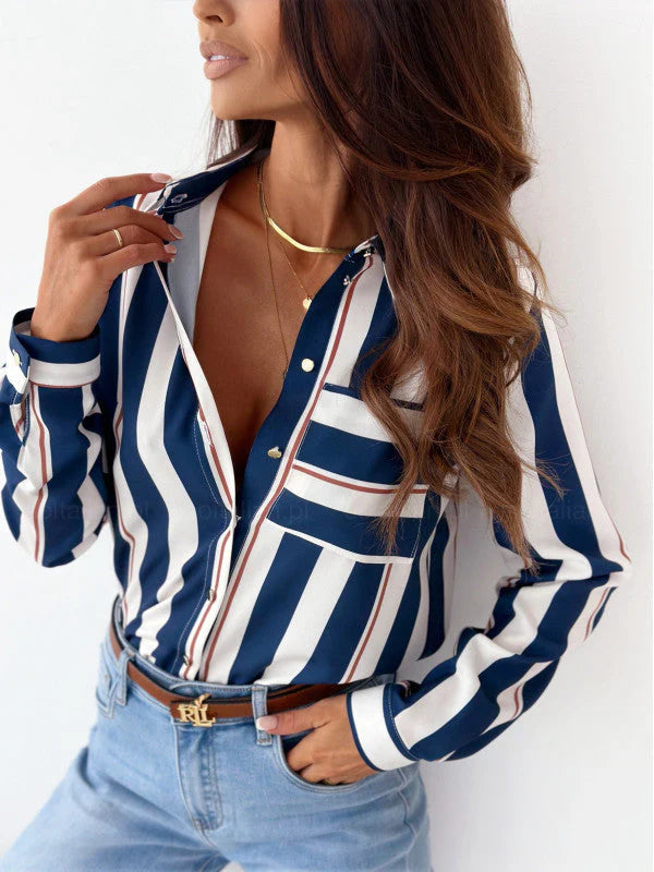 Olga® | Elegant Long-Sleeved Striped Button-Down Polo Blouse