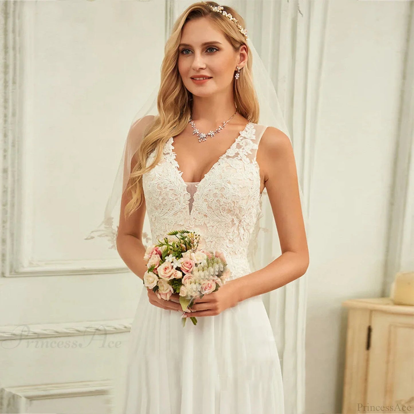 Double Strap Deep V-Neck Lace Wedding Dress