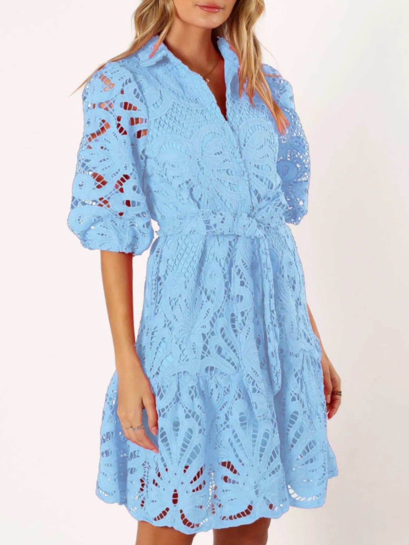 Viola® | Elegant Lace Mini Dress With Tie Waist And Half Sleeves