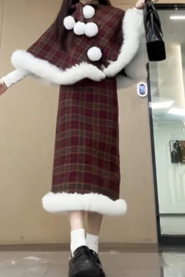 Plaid Cape Cloak Hooded Coat