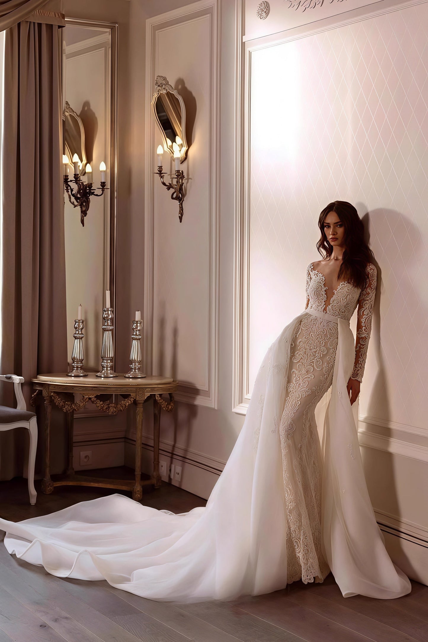 Lace Deep V Mermaid Detachable Train Wedding Dress