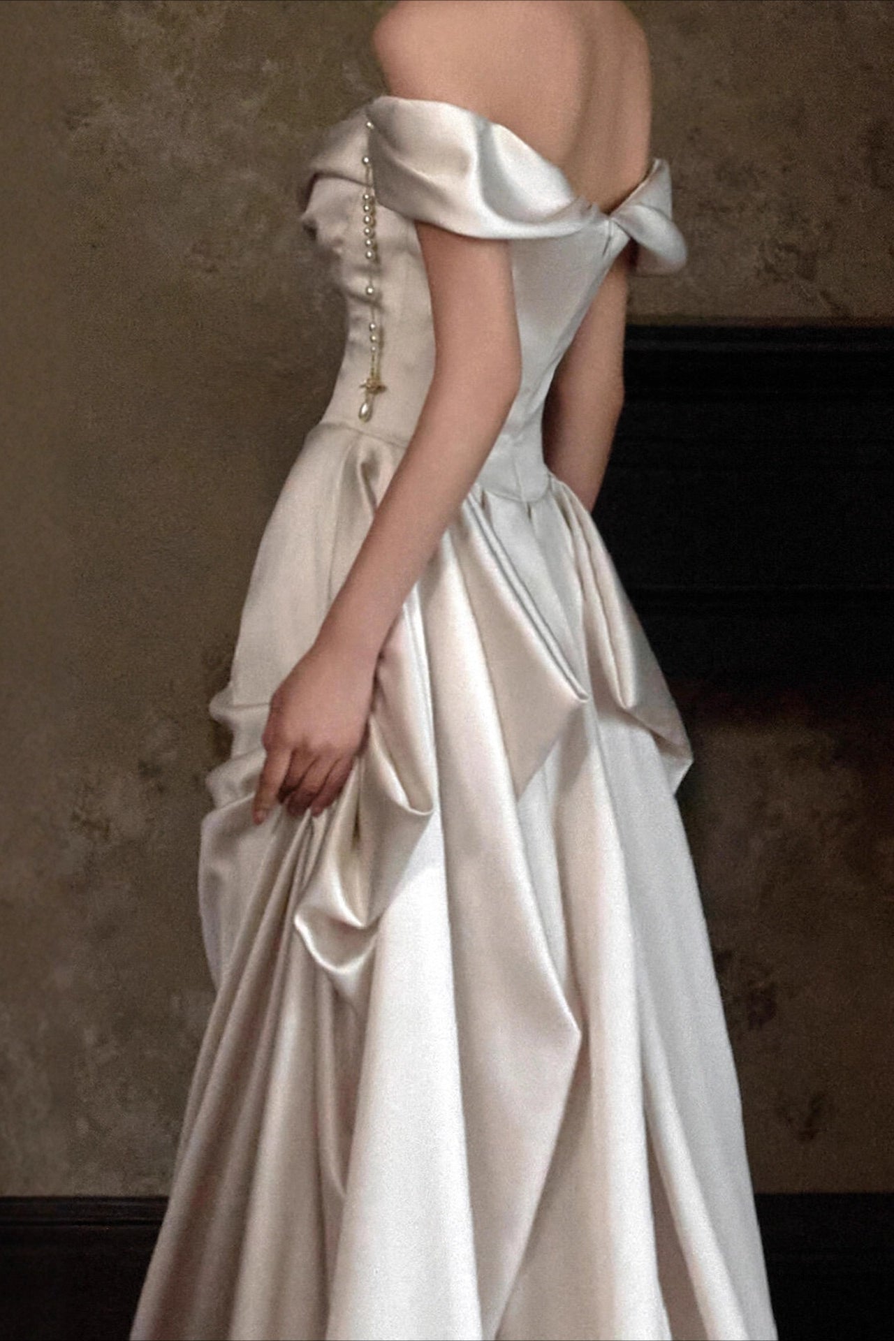 Off Shoulder Satin Train Reception Dress