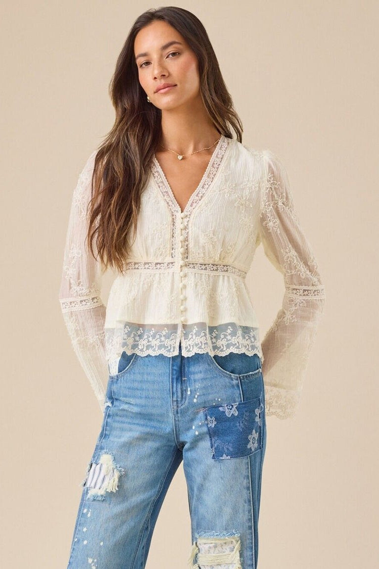 Lace Casual Hollow Out Long Sleeve Blouse