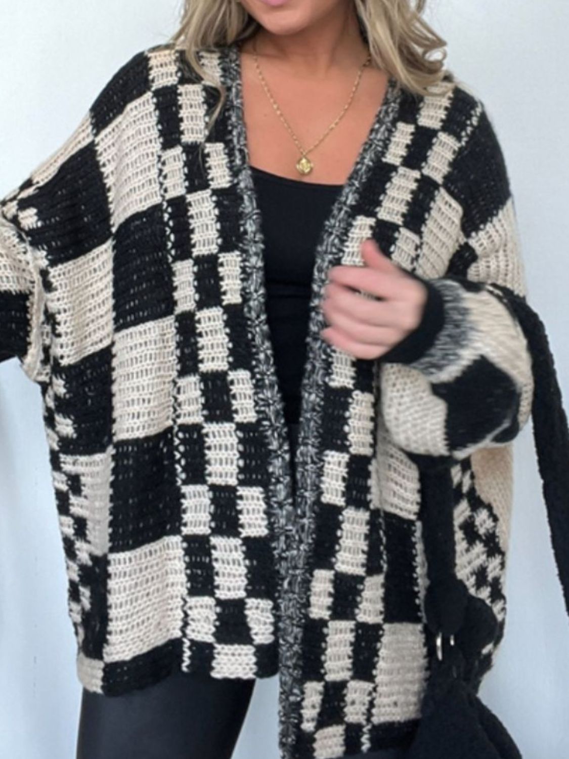 Celia | Checked open front long sleeve cardigan