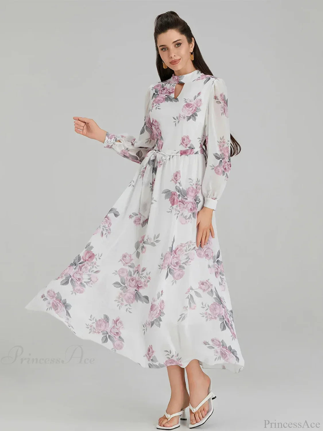 Elegant Floral Print Chiffon Long Lantern Sleeve Tie Waist Floral Dress