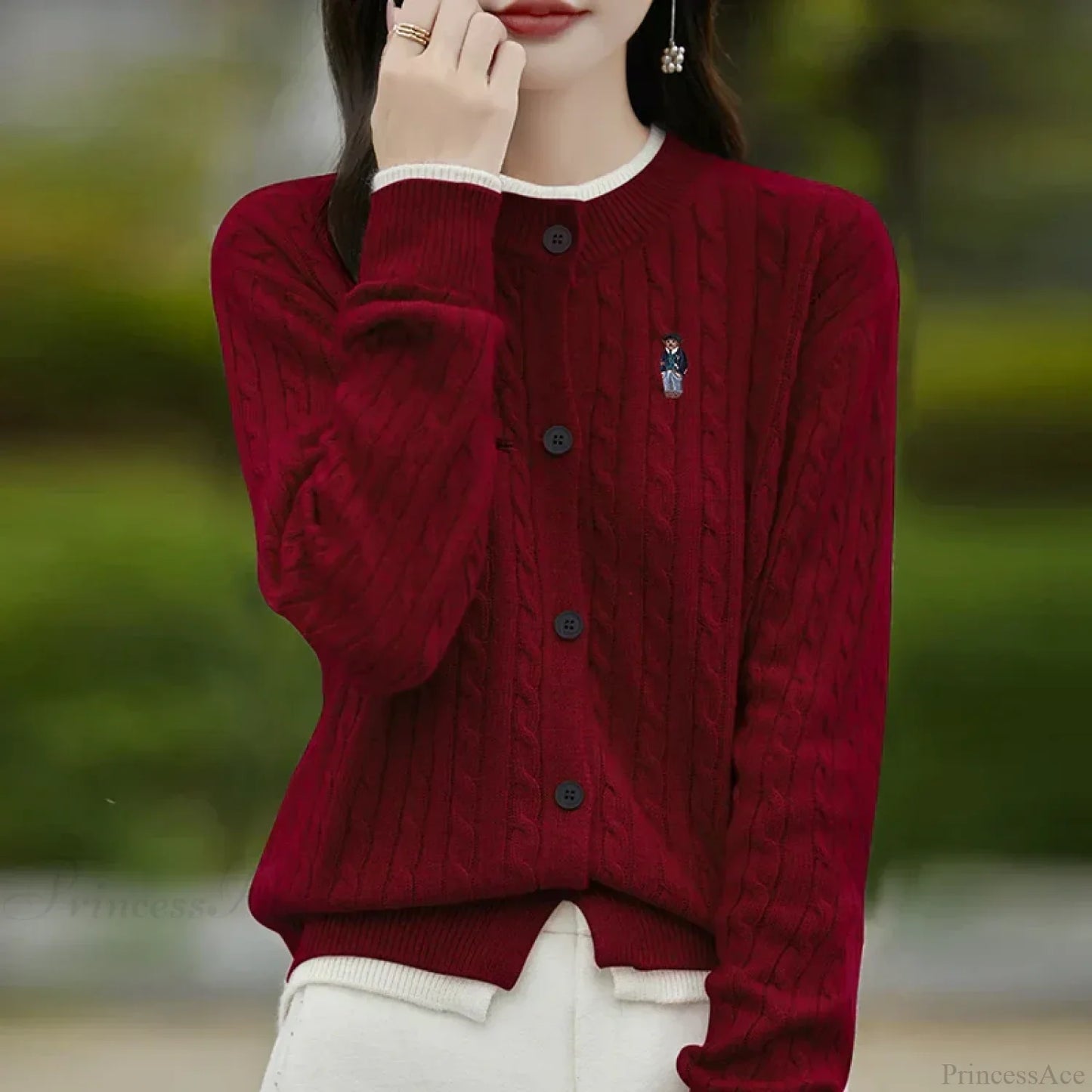 Embroidered Little Bear Loose Cashmere O-Neck Cardigan
