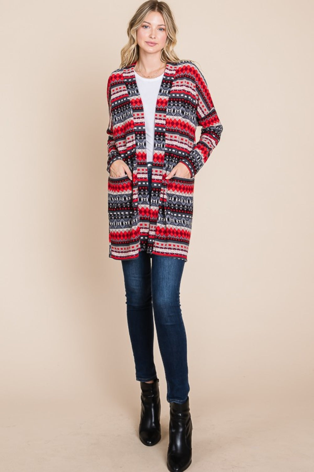 Magda | Geometric open front long sleeve cardigan with pockets