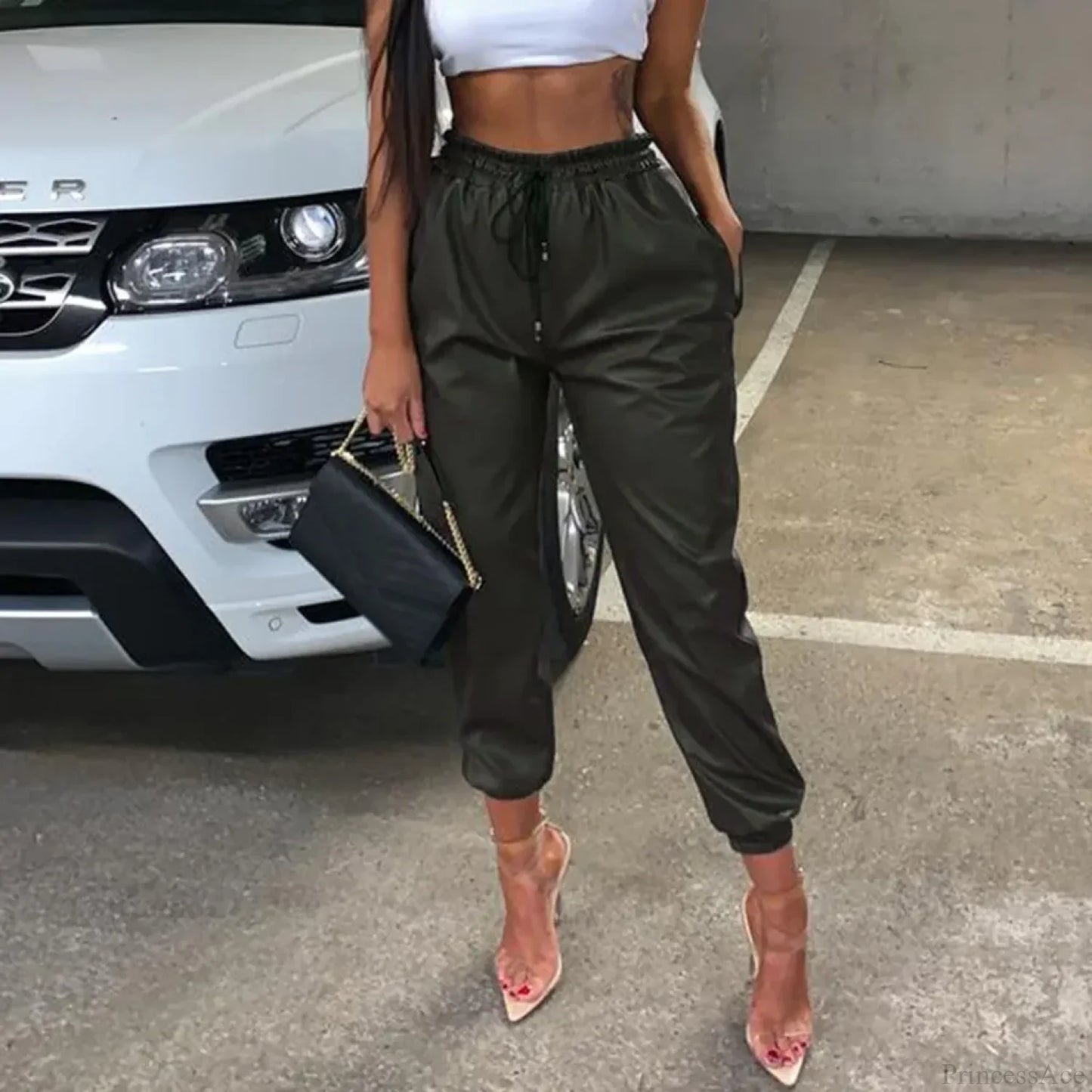 Faux Leather High Waist Joggers Pants