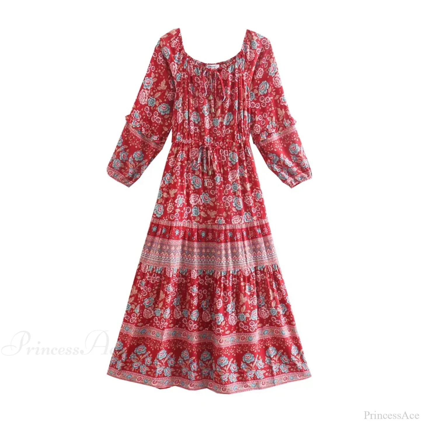 Floral Long Sleeve Belt Tassel Off Shoulder Boho Dress