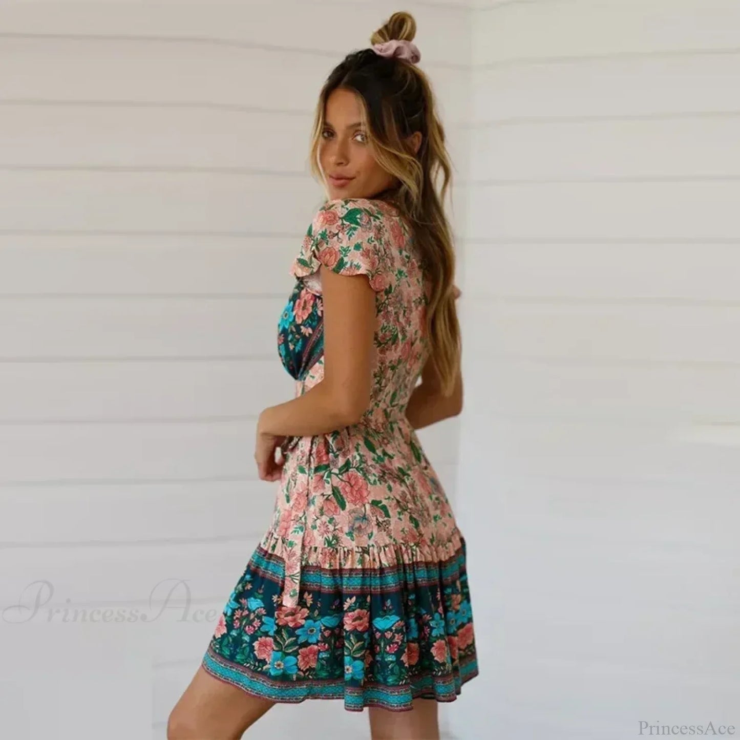 Floral Print Rayon Wrap Short Sleeve Sexy Vacation Mini Boho Dress
