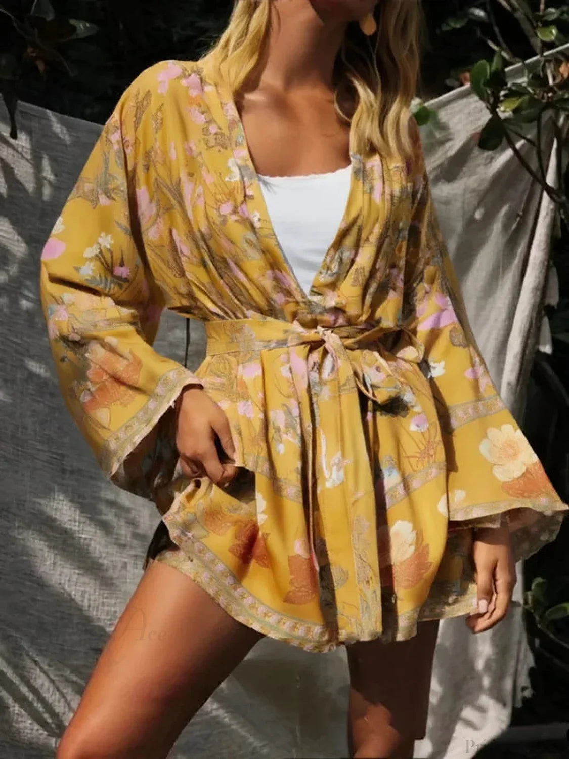 Floral Sashes Bat Sleeve Boho Kimono Dress