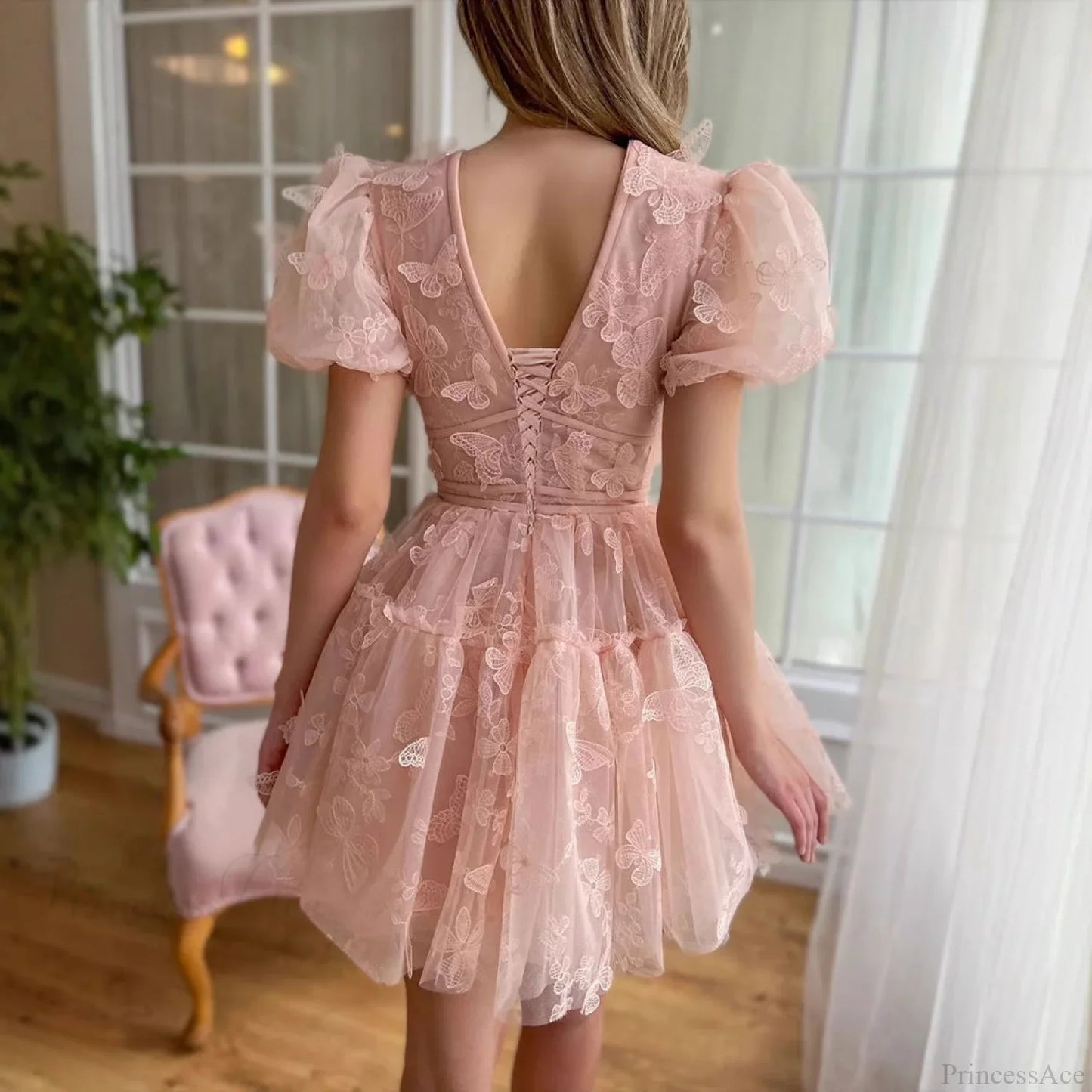 Floral V-Neck Short Wedding Dress