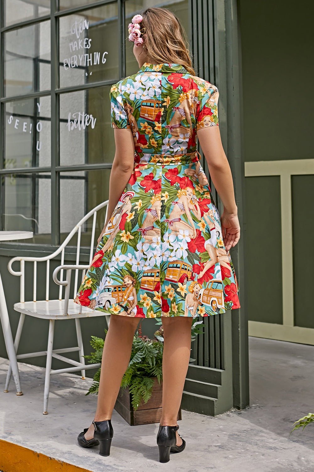 Violeta® | Retro Printed Cotton Midi Shirt Dress With Belt