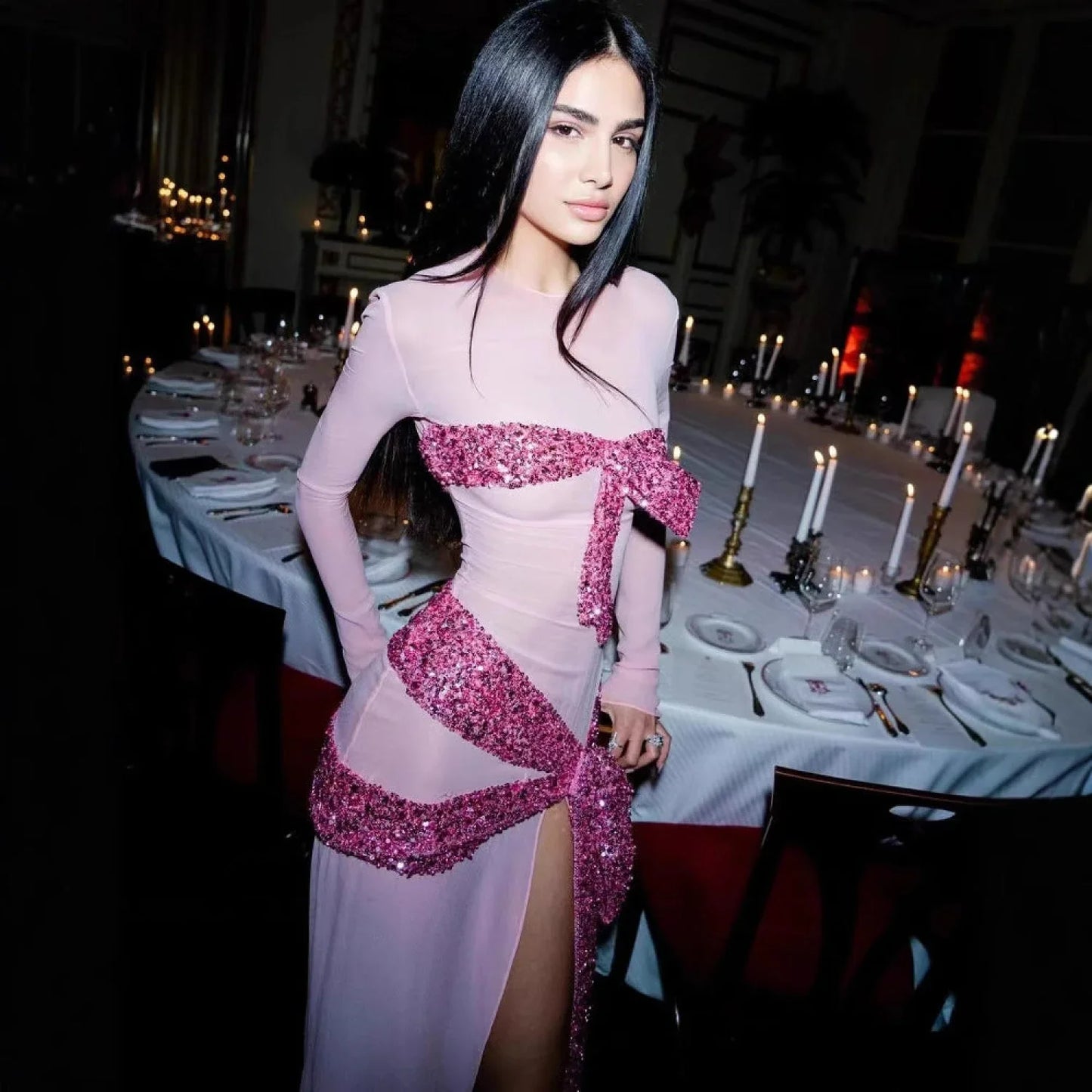 High Slit Sequin Mesh Prom Dress