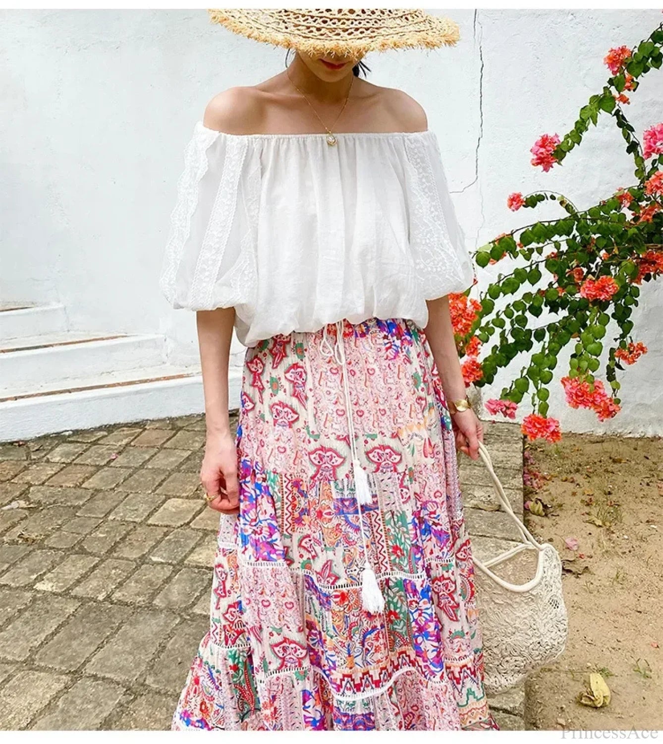 High Waist Floral Beach Skirt Lace Patchwork Chic Cotton Maxi