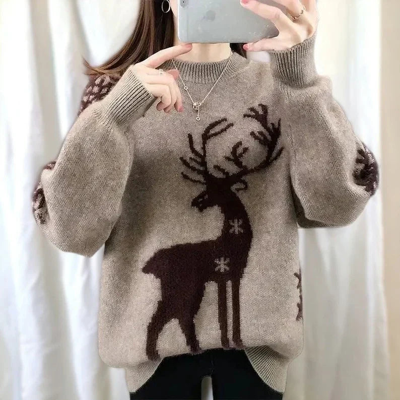 Agnieszka | Women's warm knitted sweater with a deer and snowflake pattern and a crew neck