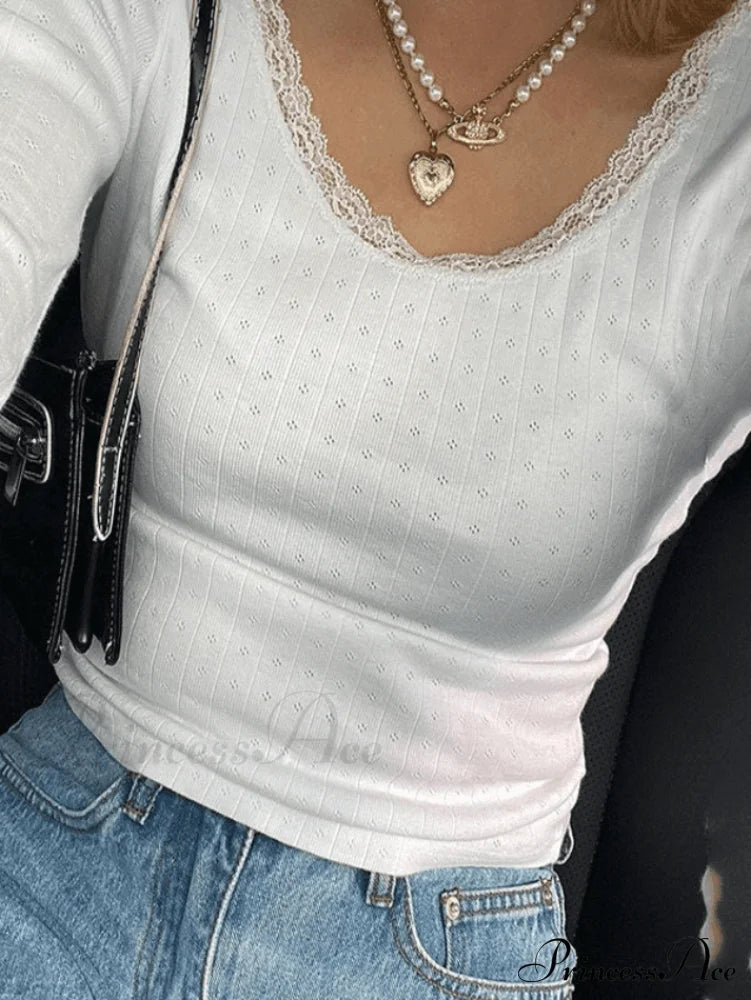 Lace Trim White Trendy Cropped Knit Top