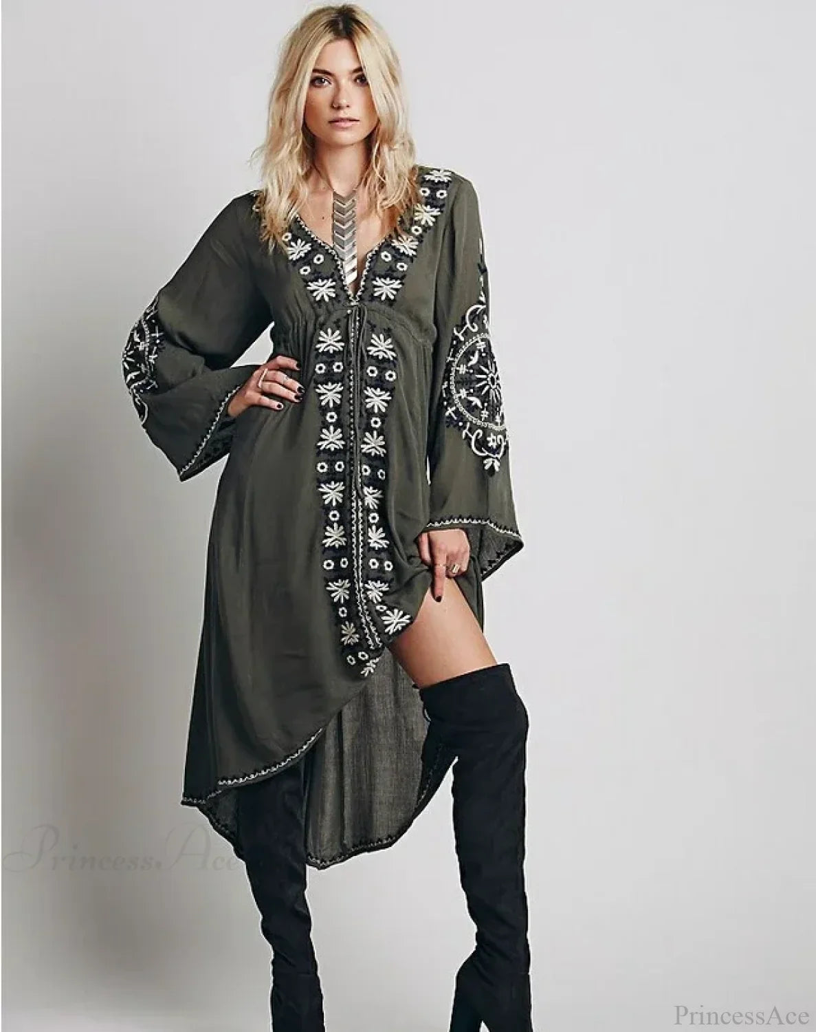 Long Sleeve Floral Embroidered Cotton Boho Dress