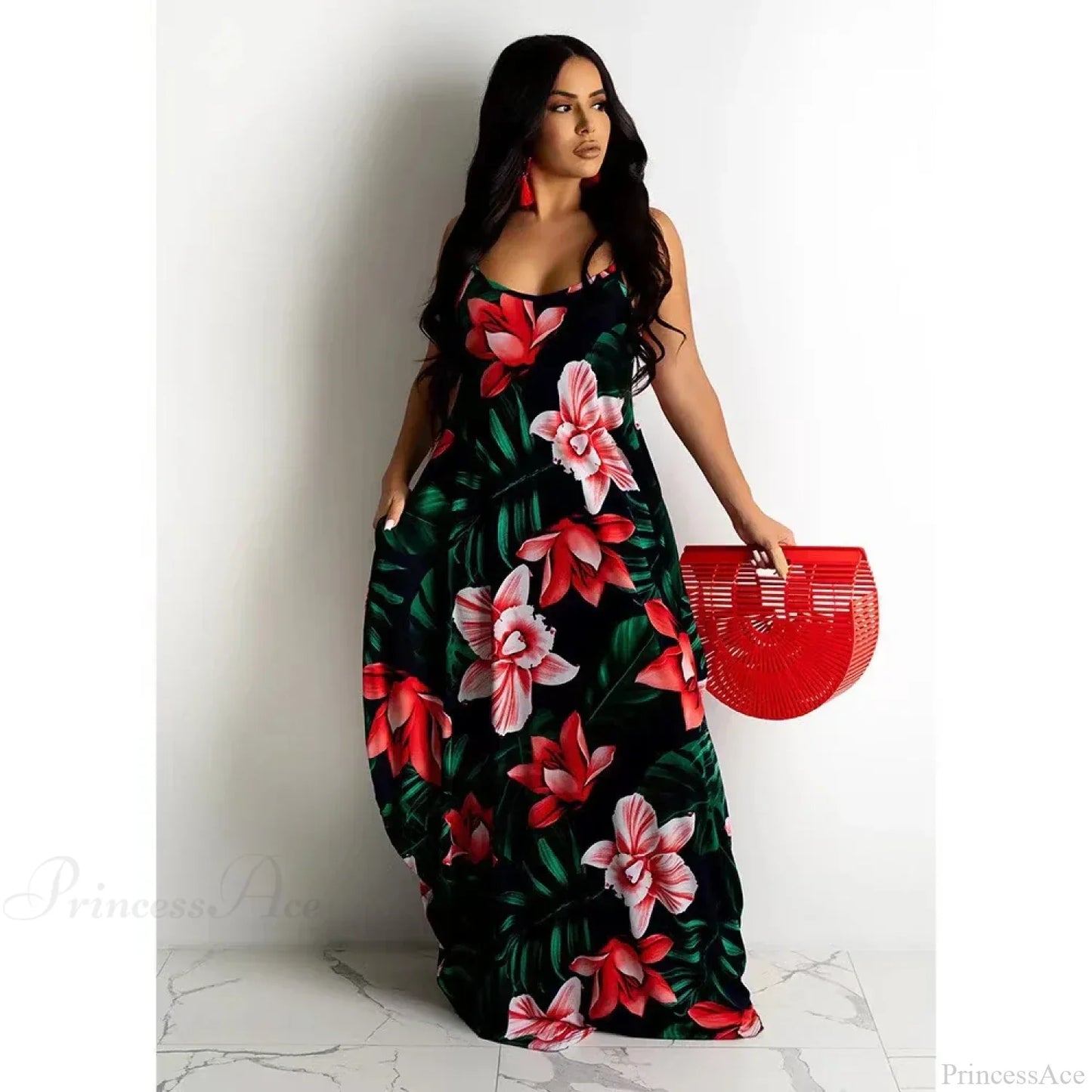 Loose Floral Print Slip Dress Long Skirt Floral Dress