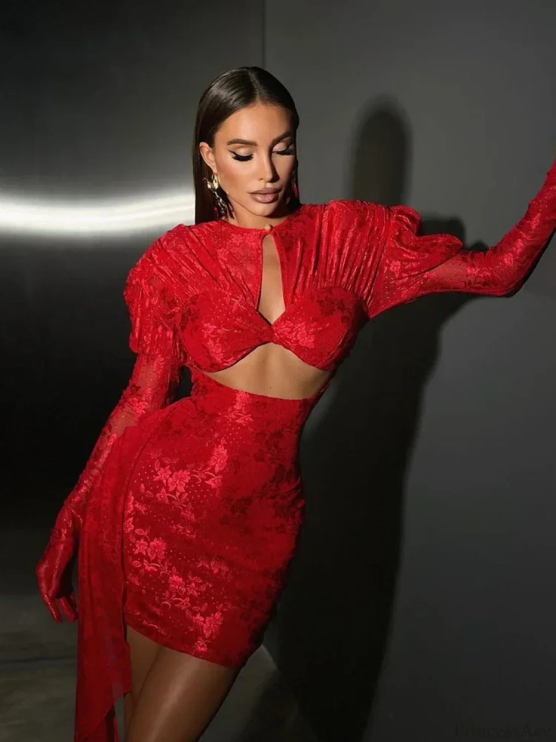 New Sexy Gloves Long Sleeves Cutout Pleated Draped Mini Party Dress