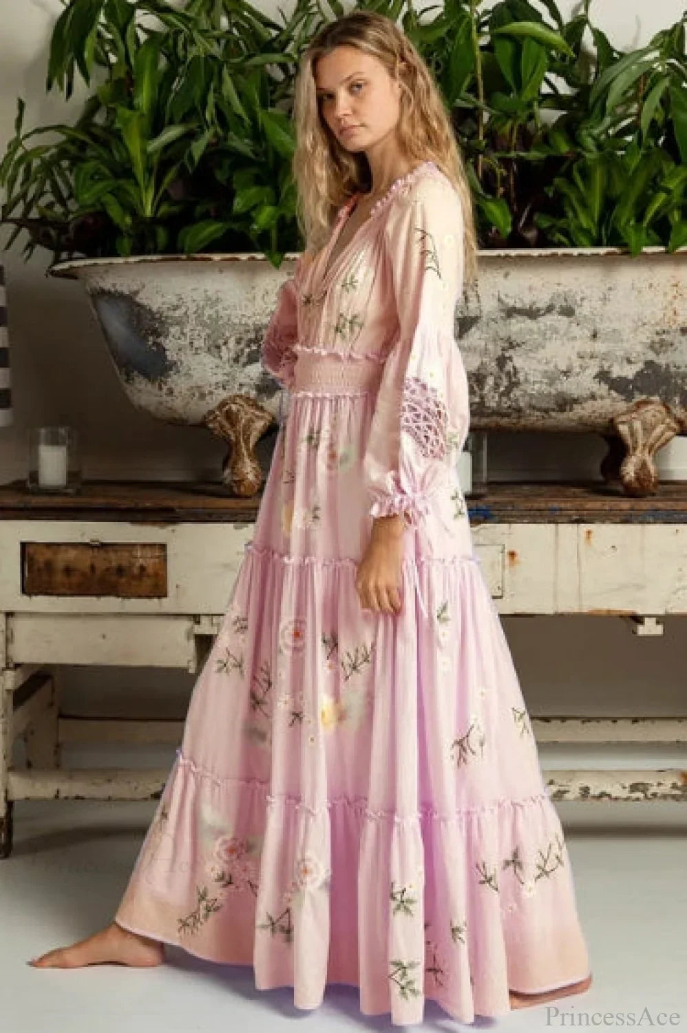 Pink Embroidery Floral Boho Long Sleeve Dress