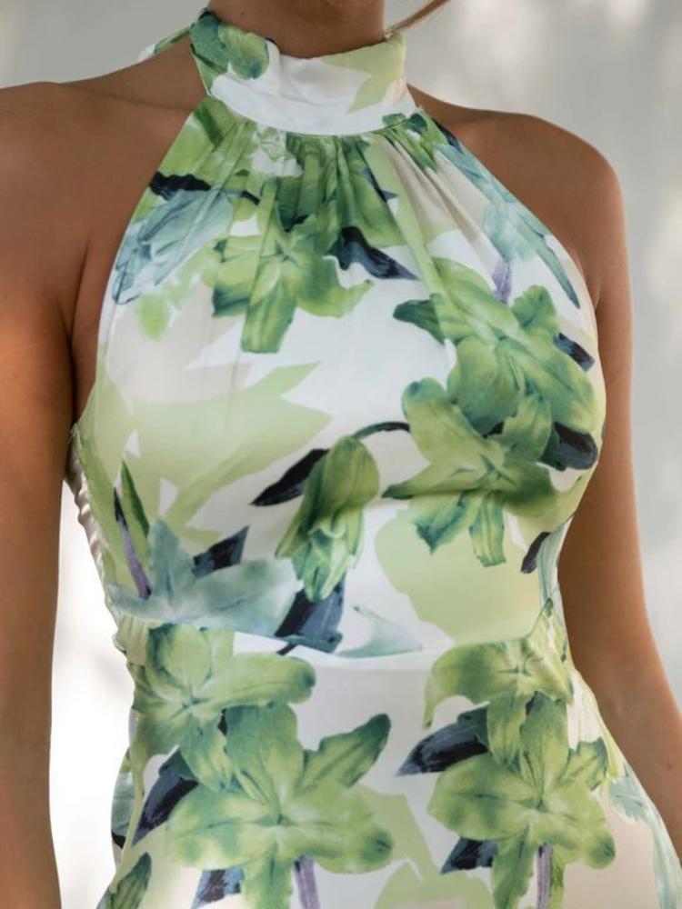 Renata® | Printed Halterneck Midi Dress In Backless Satin