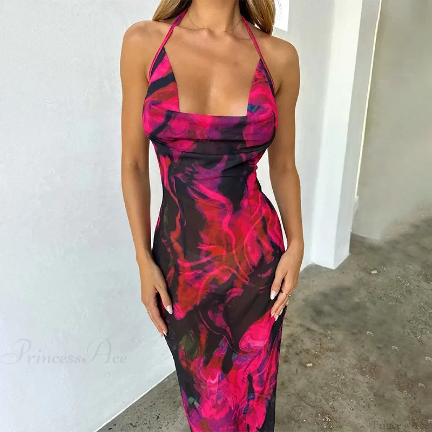 Print Elegant Midi Halter Vacation Dress