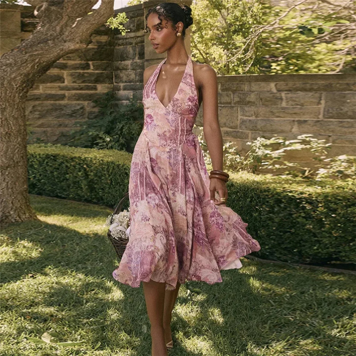 Print Pleated A-line Vacation Dress
