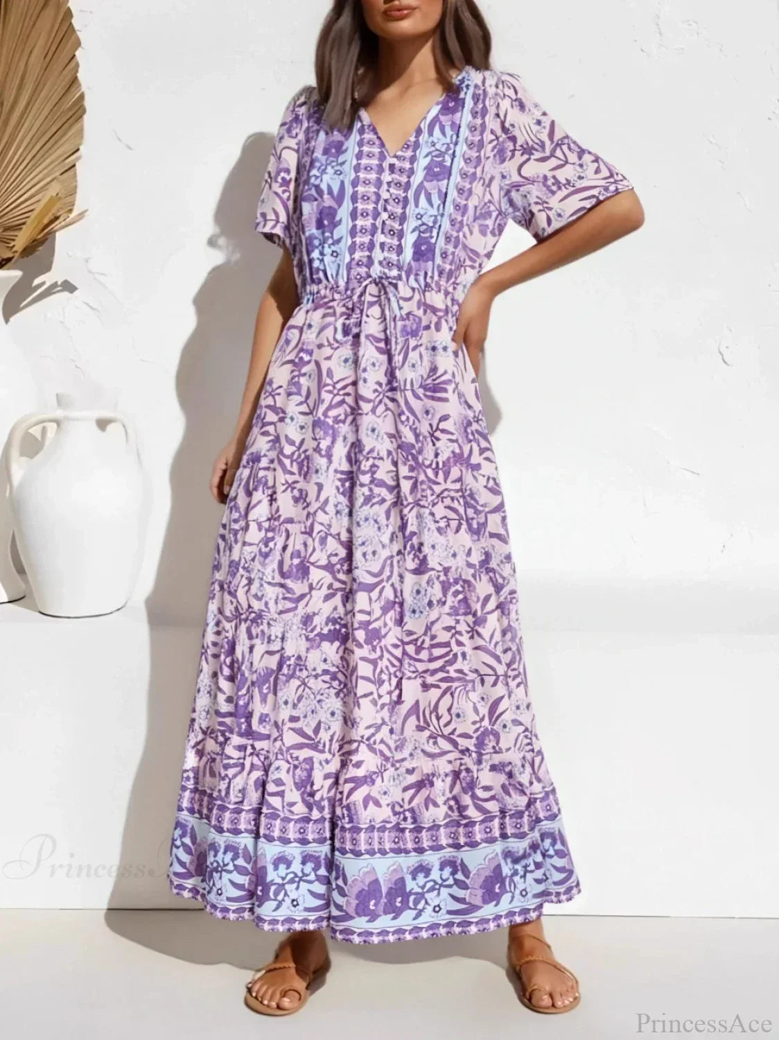 Purple Floral Print Button V-neck Pleated Rayon Maxi Boho Dress