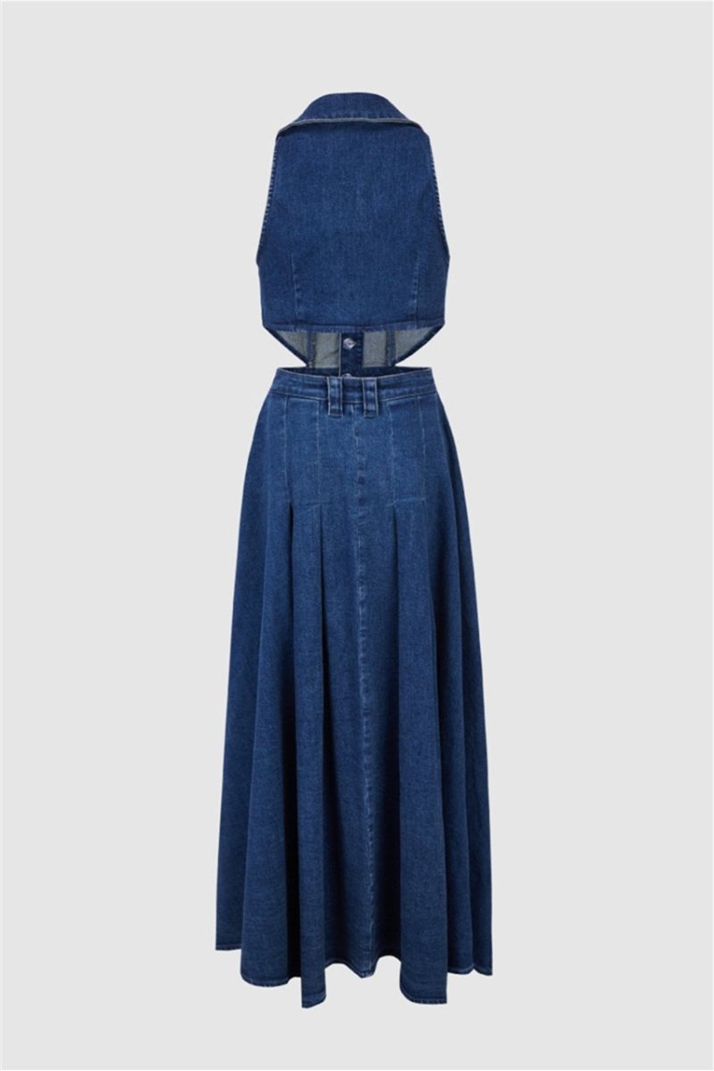 Raquel® | Maxi Denim Dress With Lapel Collar And Cut-Outs