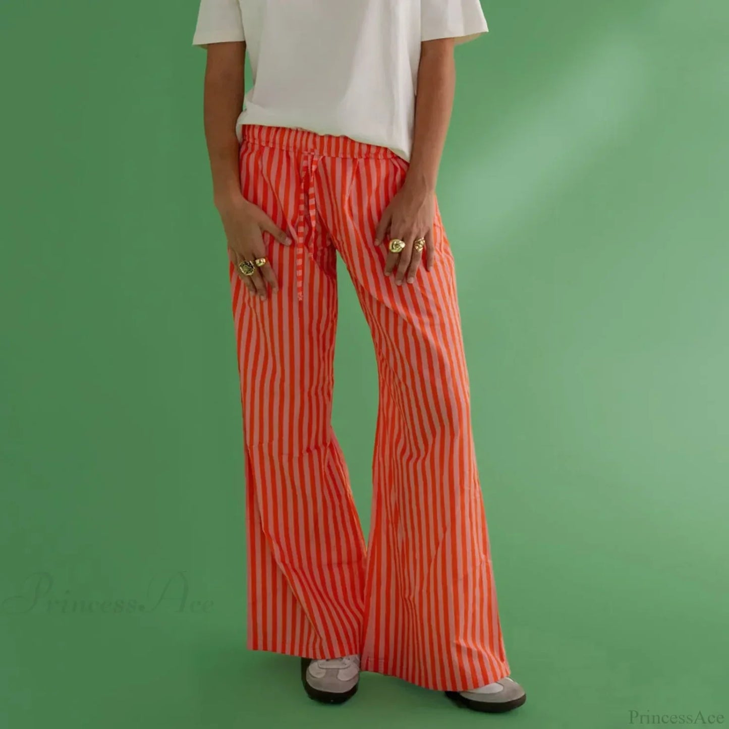 Retro Striped Button High Waist Straight Pant