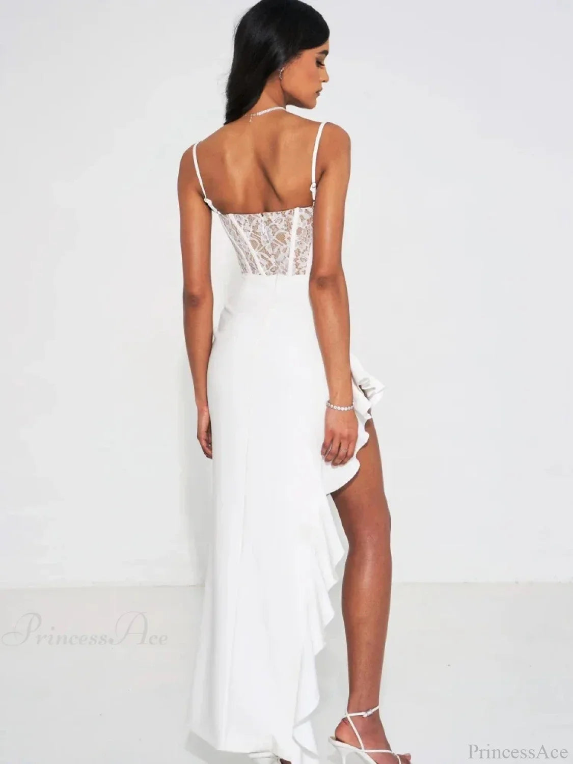 Sexy Spaghetti Strap Lace Patchwork Long Dress Sleeveless Ruffles Party Dress