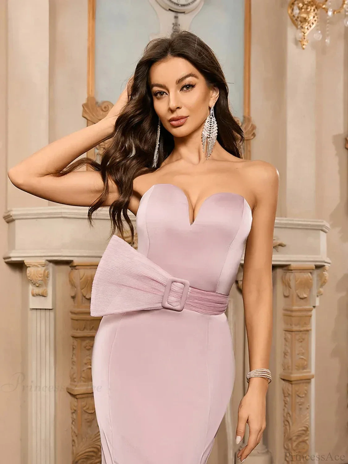 Sexy Strapless Backless Mermaid Dress Pink Sleeveless V Neck Party Dress