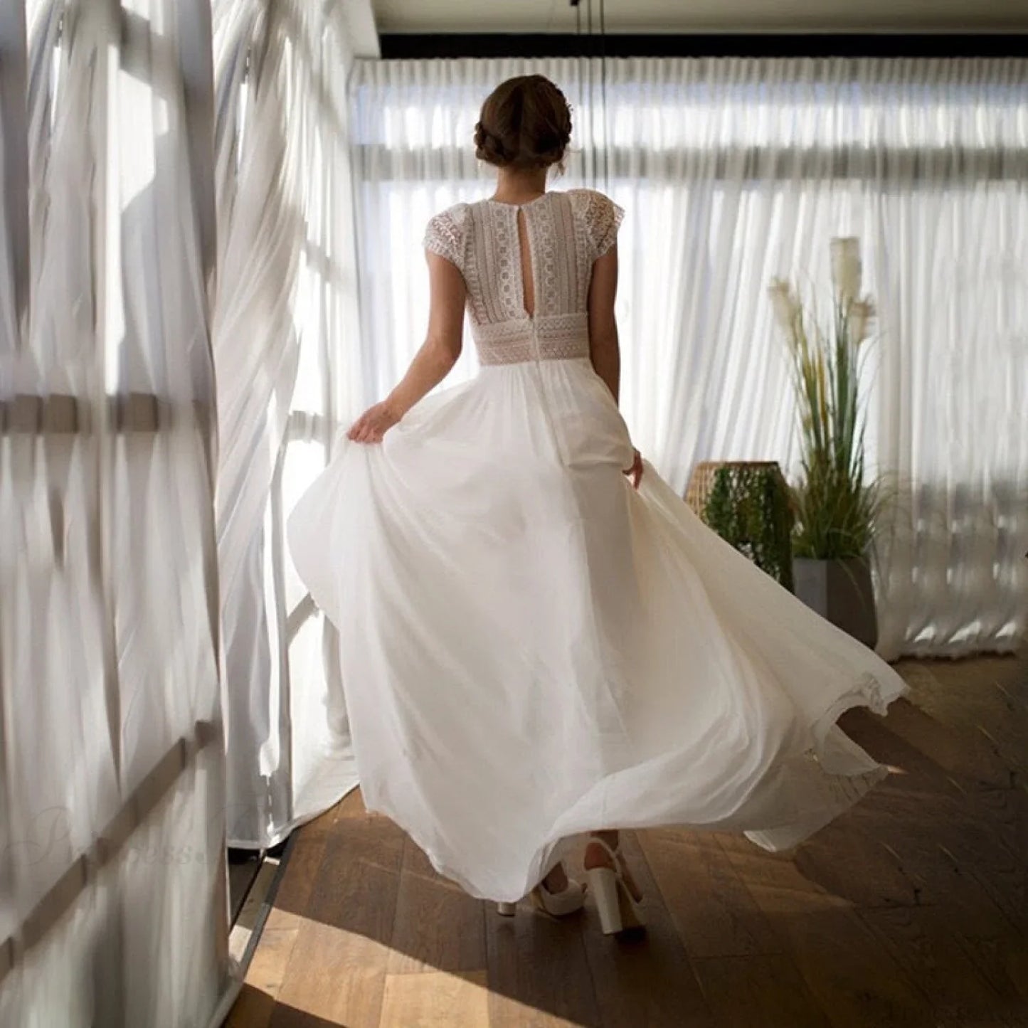 Short Sleeve A-Line Chiffon Wedding Dress