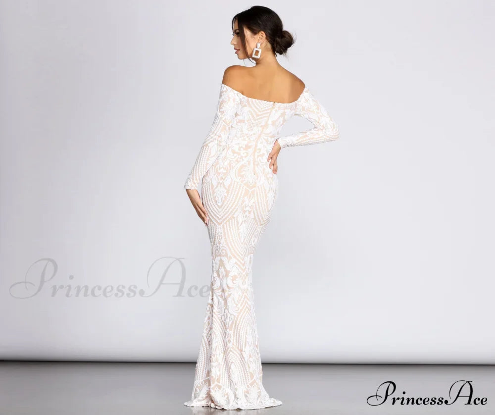 Sierra Sequin Off Charming The Shoulder Formal Dress