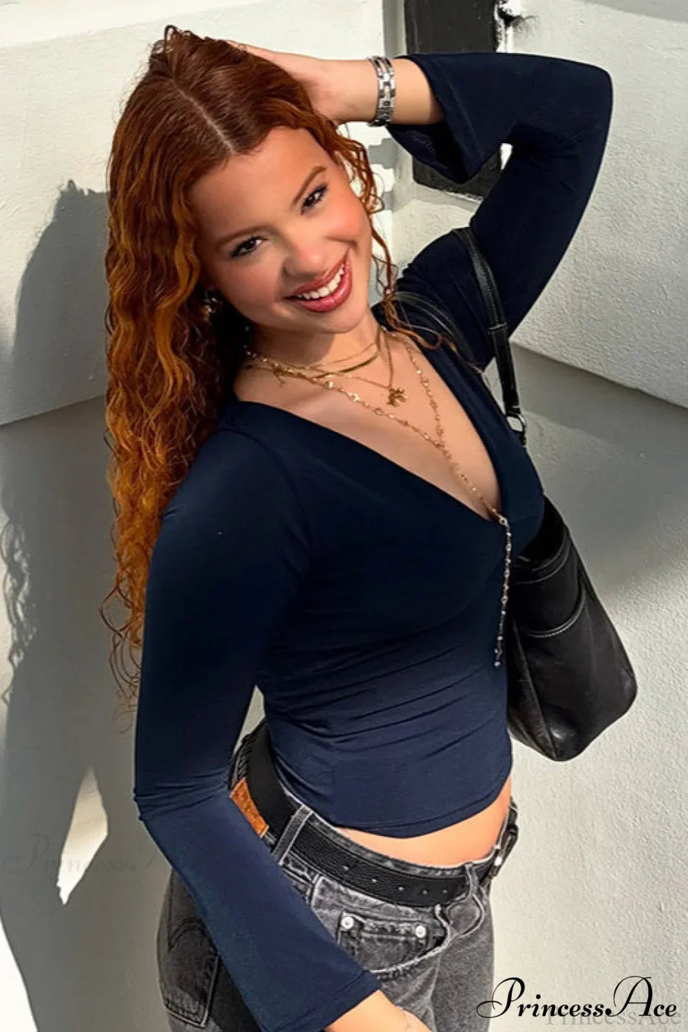 Solid Color Deep V Neck Slim Flare Sleeve Long Sleeve Tee