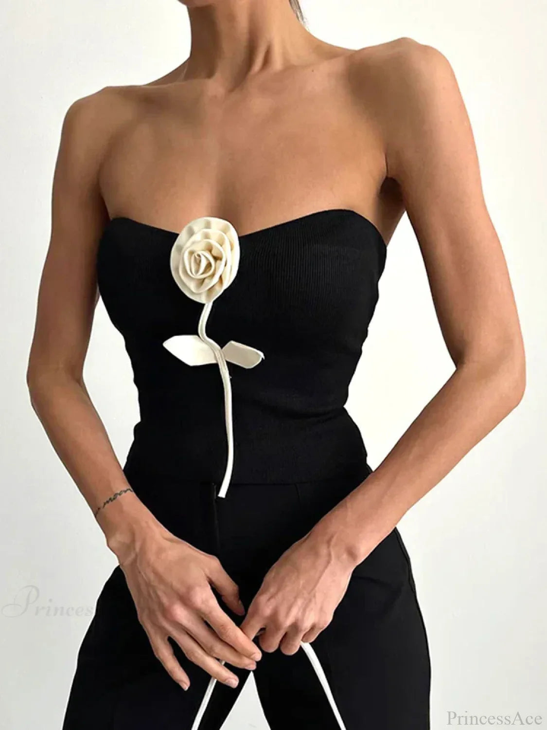 Solid Elegant Sleeveless Strapless Casual Flower Tube Crop Top