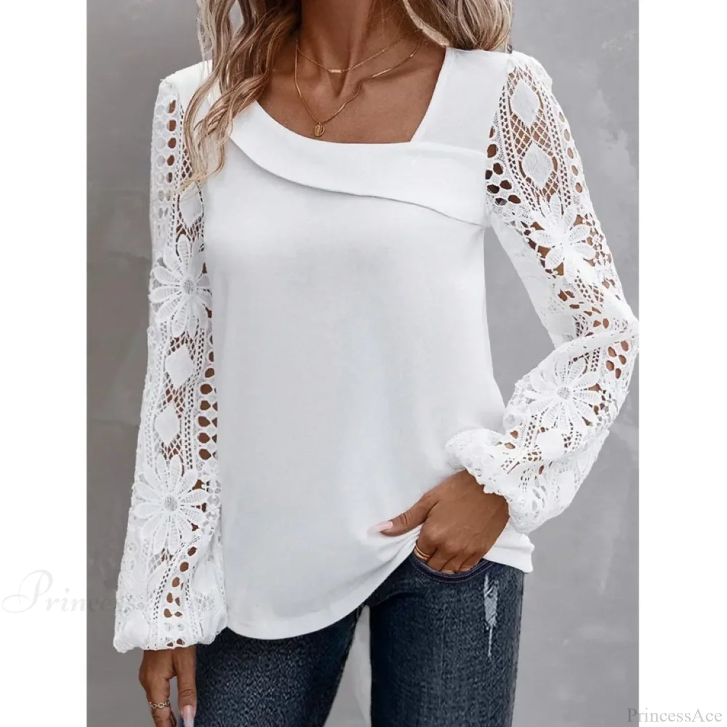 Solid Fashion Blouse Elegant Hollow Lace Blouse