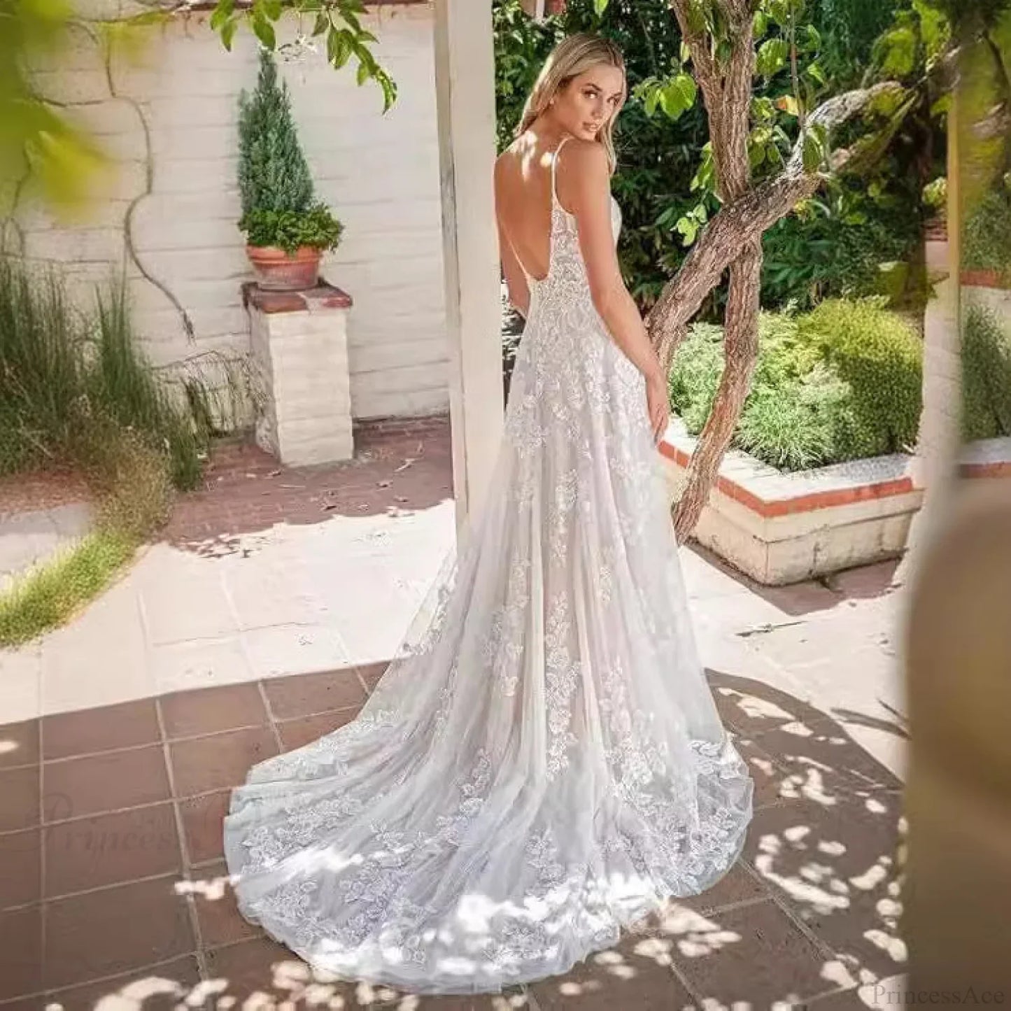 Spaghetti Strap Sheer Tail Wedding Dress