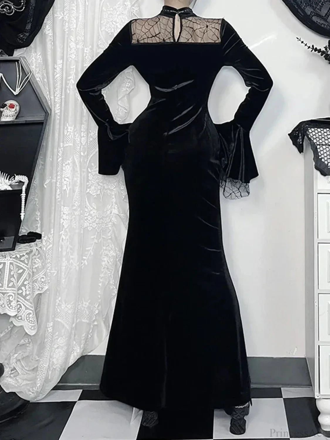Spider Web Mesh Patchwork Long Dress