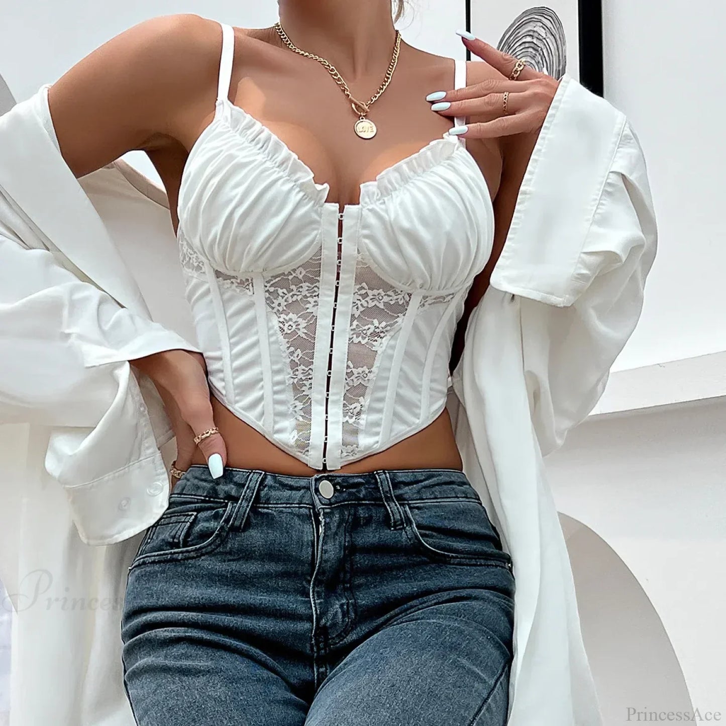 Trendy Mesh Fishbone Lace Pleated Sexy Crop Top