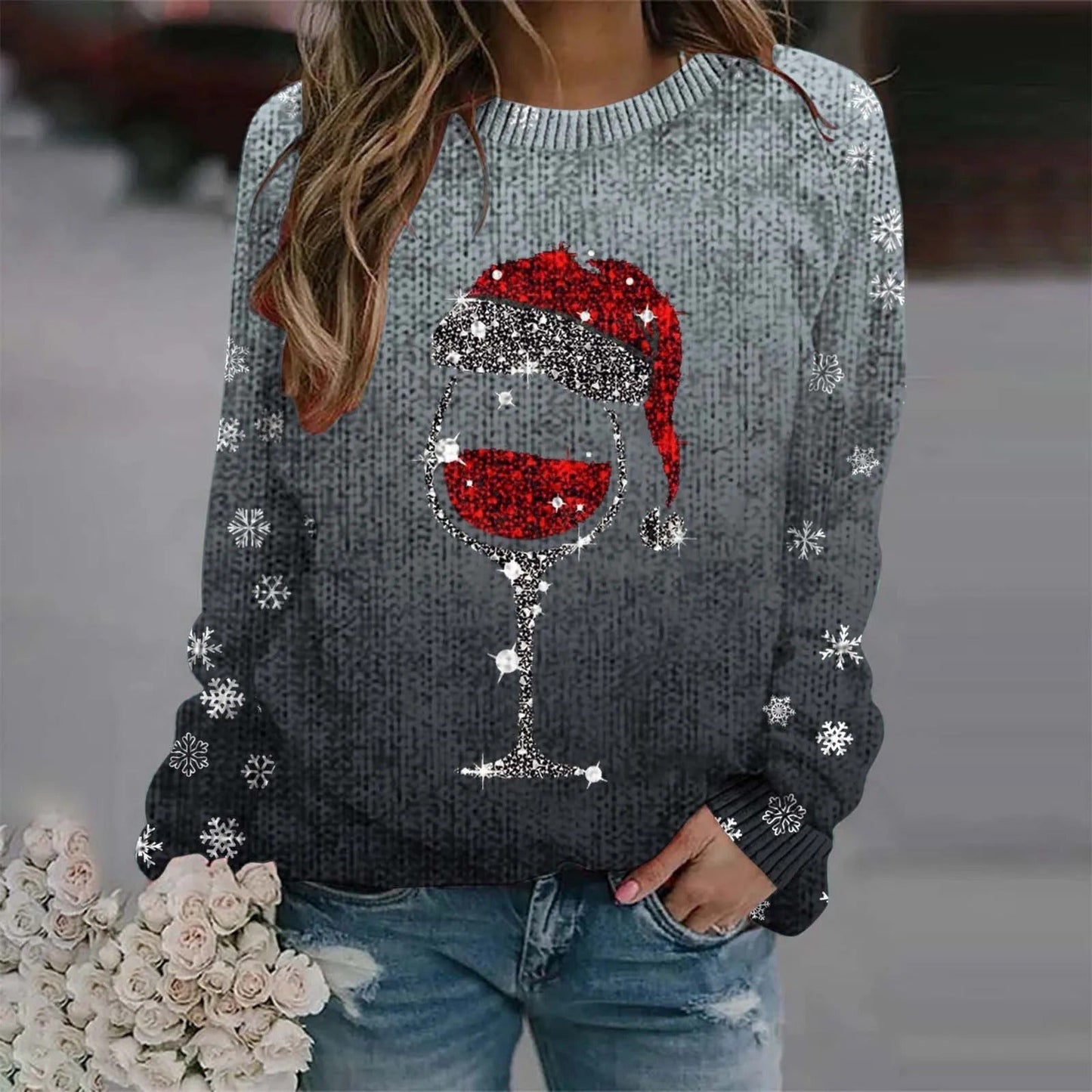 Juliana | Warm sweater with Christmas wine glass and printed Santa hat for women